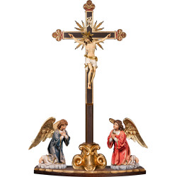 Corpus Pisa on cross baroque with rays on pedestal and angelpair kneeling