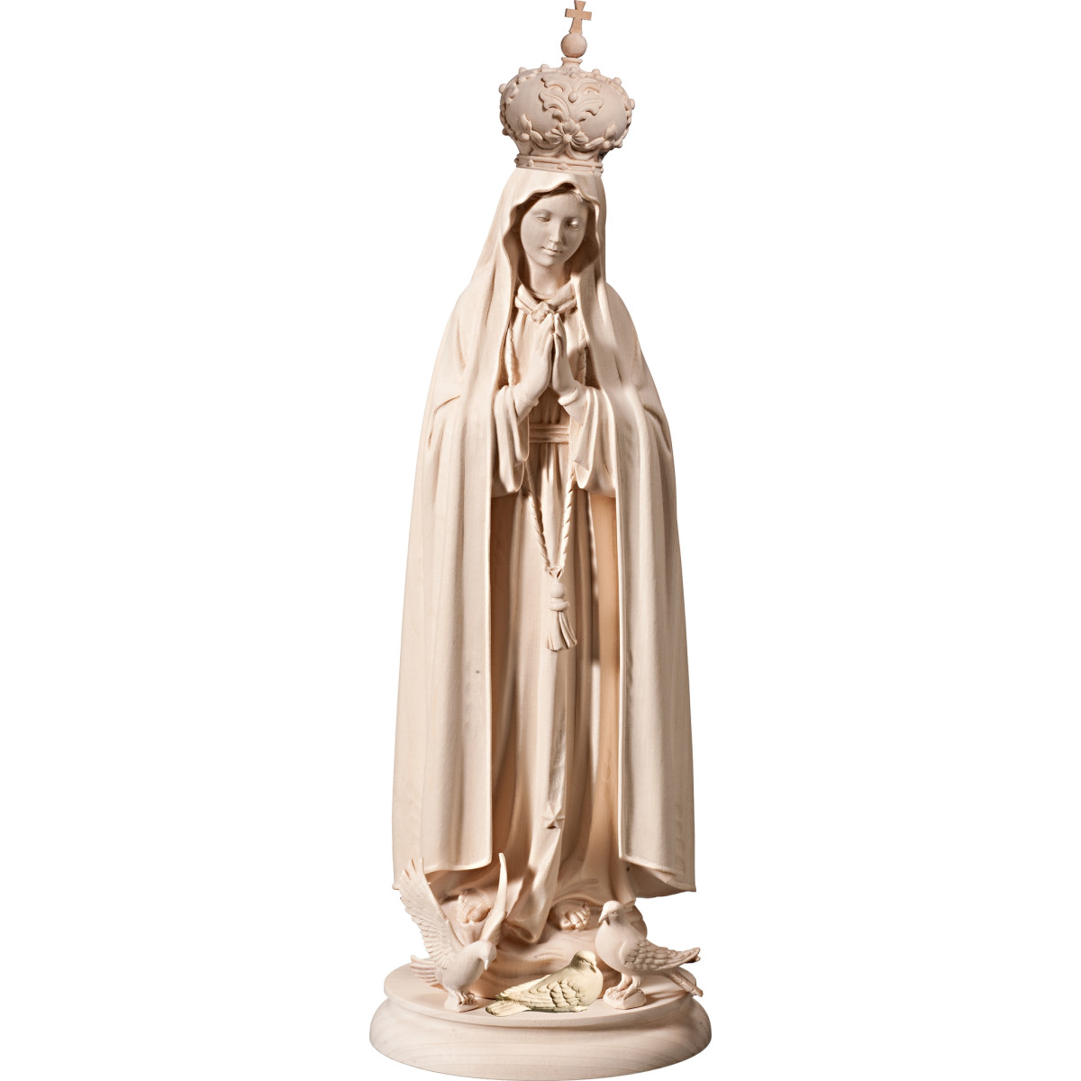 Our Lady of Fatima with wooden crown and pigeons