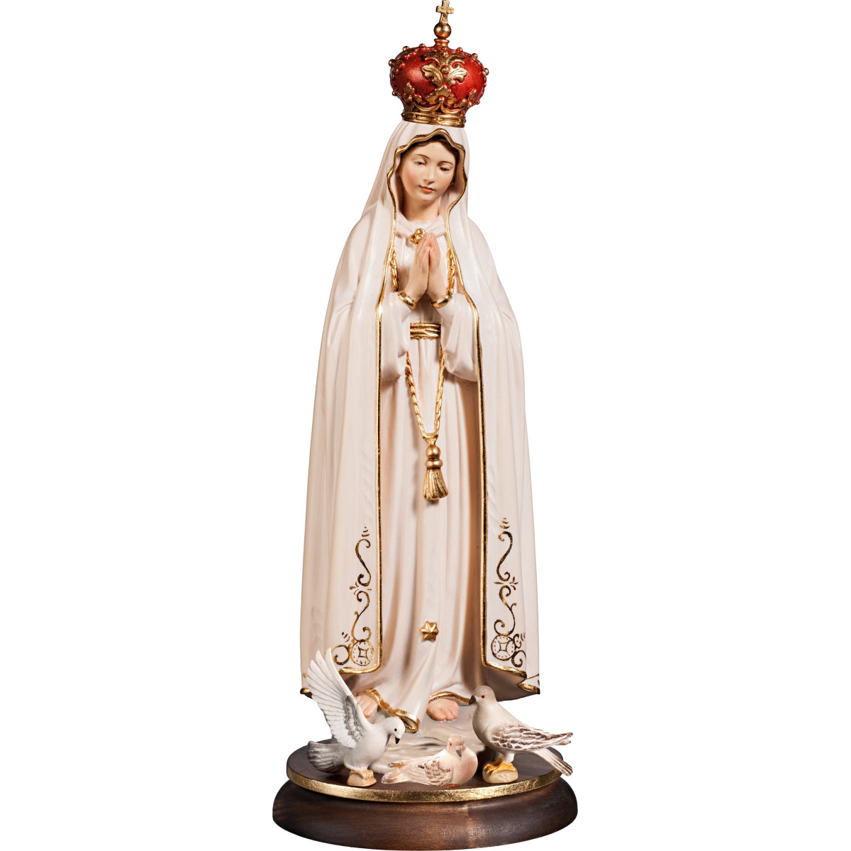 Our Lady of Fatima with wooden crown and pigeons