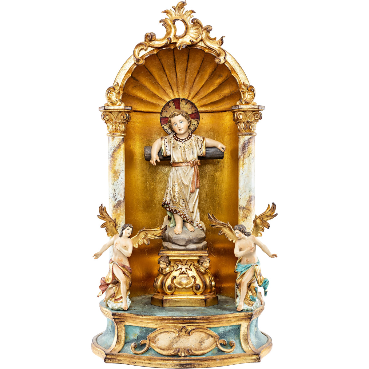 Jesuskind stehend mit Kreuz und Gloriose - Hausaltar Barock