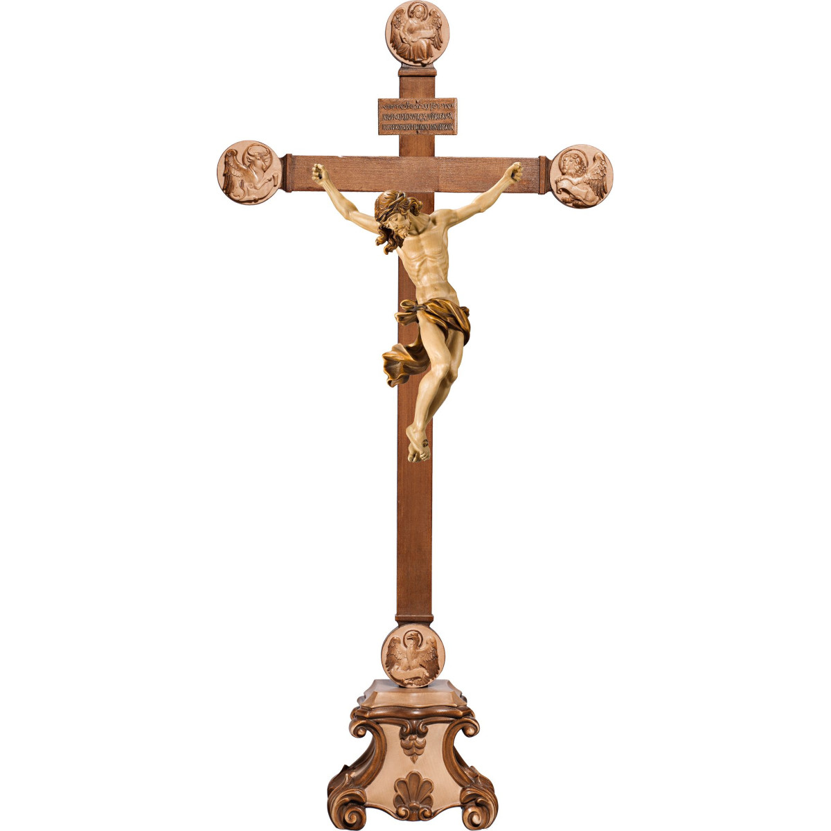 Corpus Barock auf Standkreuz mit Evangelisten und Titulus Crucis in hebräisch - latein - griechisch