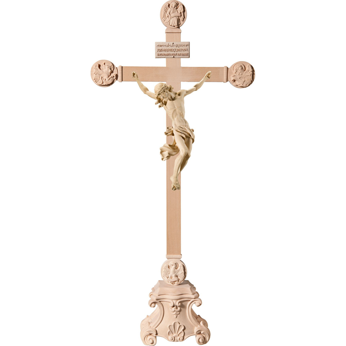 Corpus Barock auf Standkreuz mit Evangelisten und Titulus Crucis in hebräisch - latein - griechisch