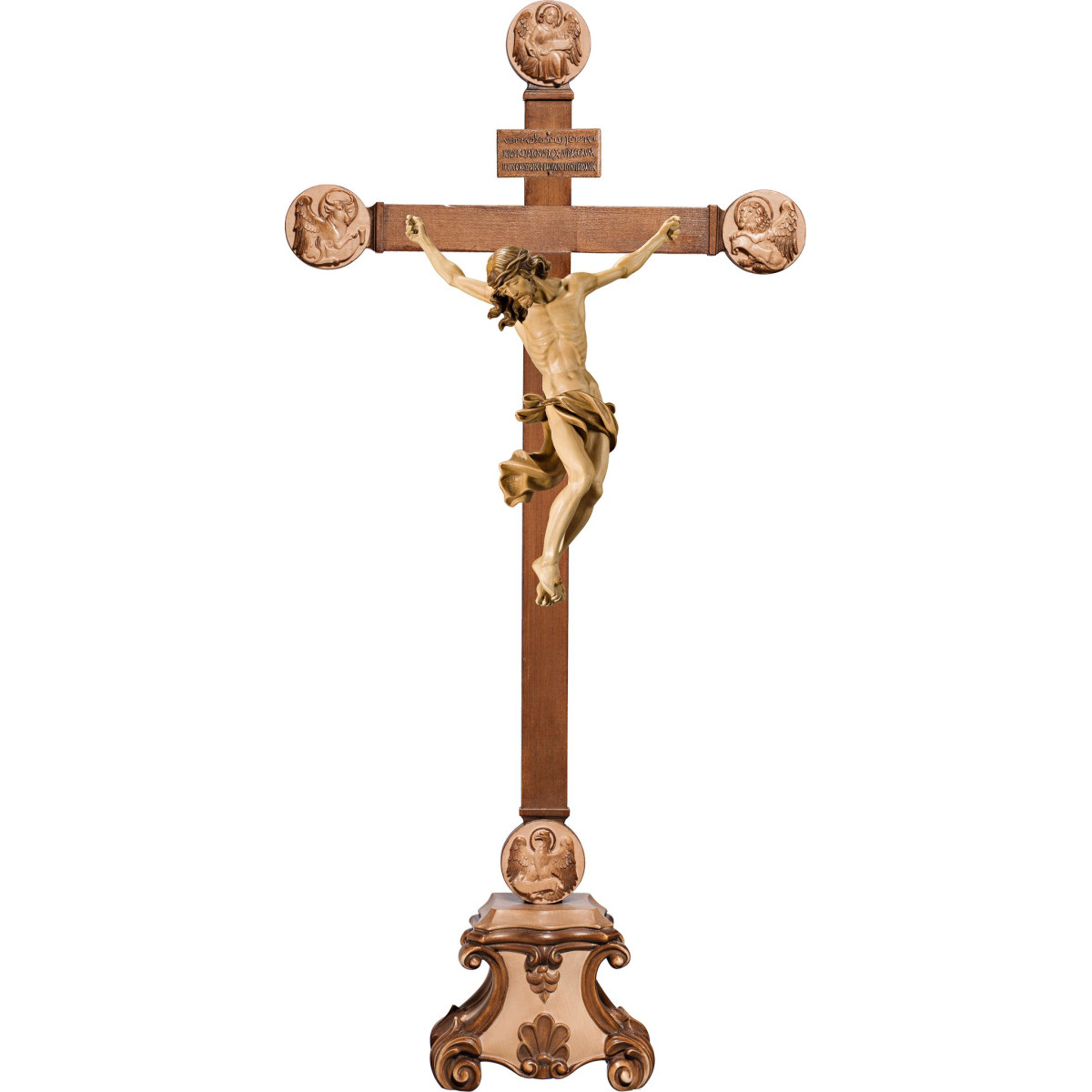 Corpus Baroque on pedestal with Evangelists and Titulus Crucis in hebrew - latin - greek