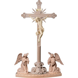 Cristo Barocco su croce barocca con raggi su piedistallo e angeli inginocchiati