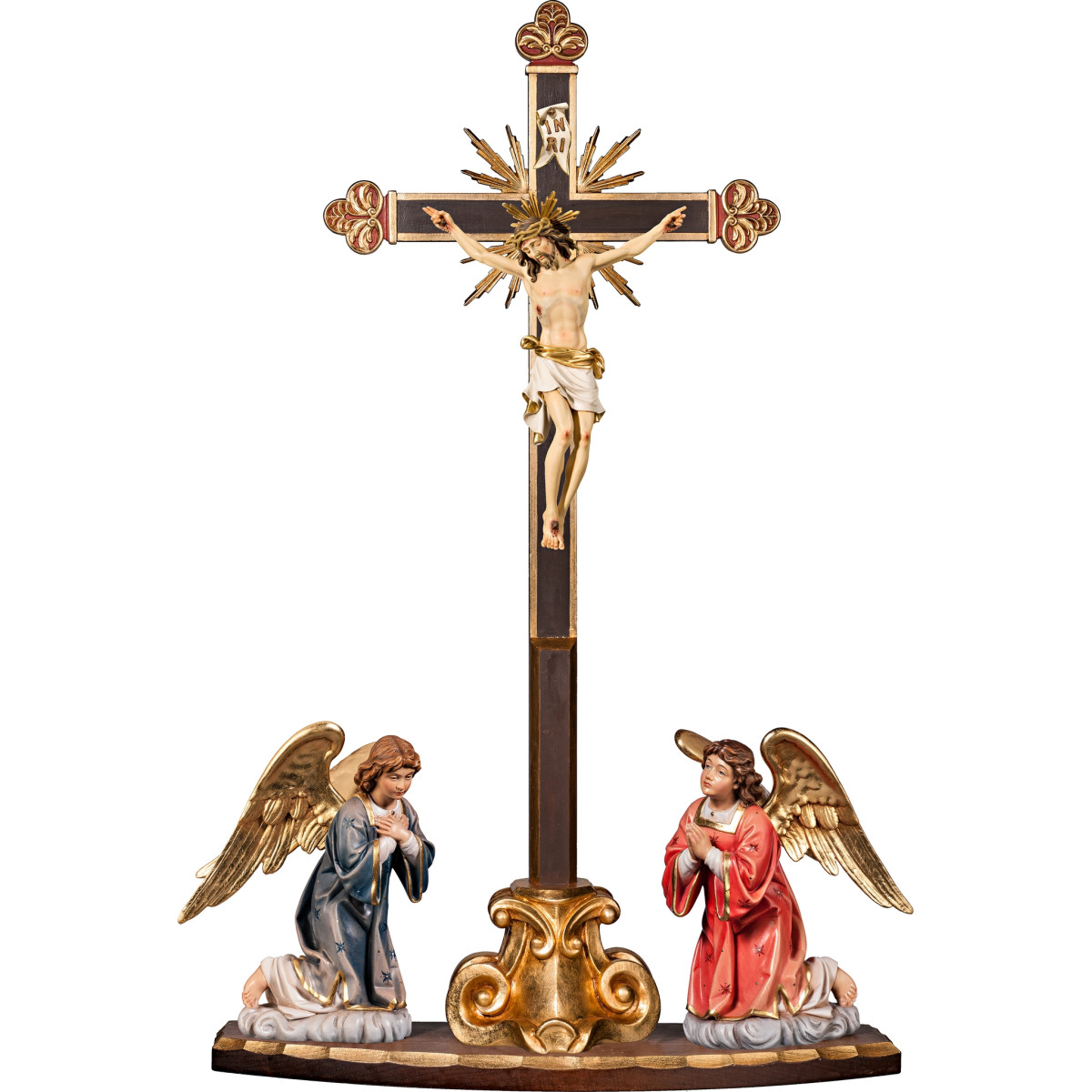 Corpus Pisa on cross baroque with rays on pedestal and angelpair kneeling