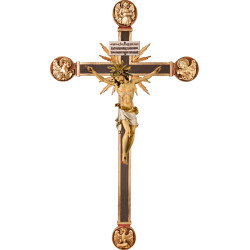 Corpus Pisa on cross with Evangelists and rays with Titulus Crucis in hebrew - latin - greek