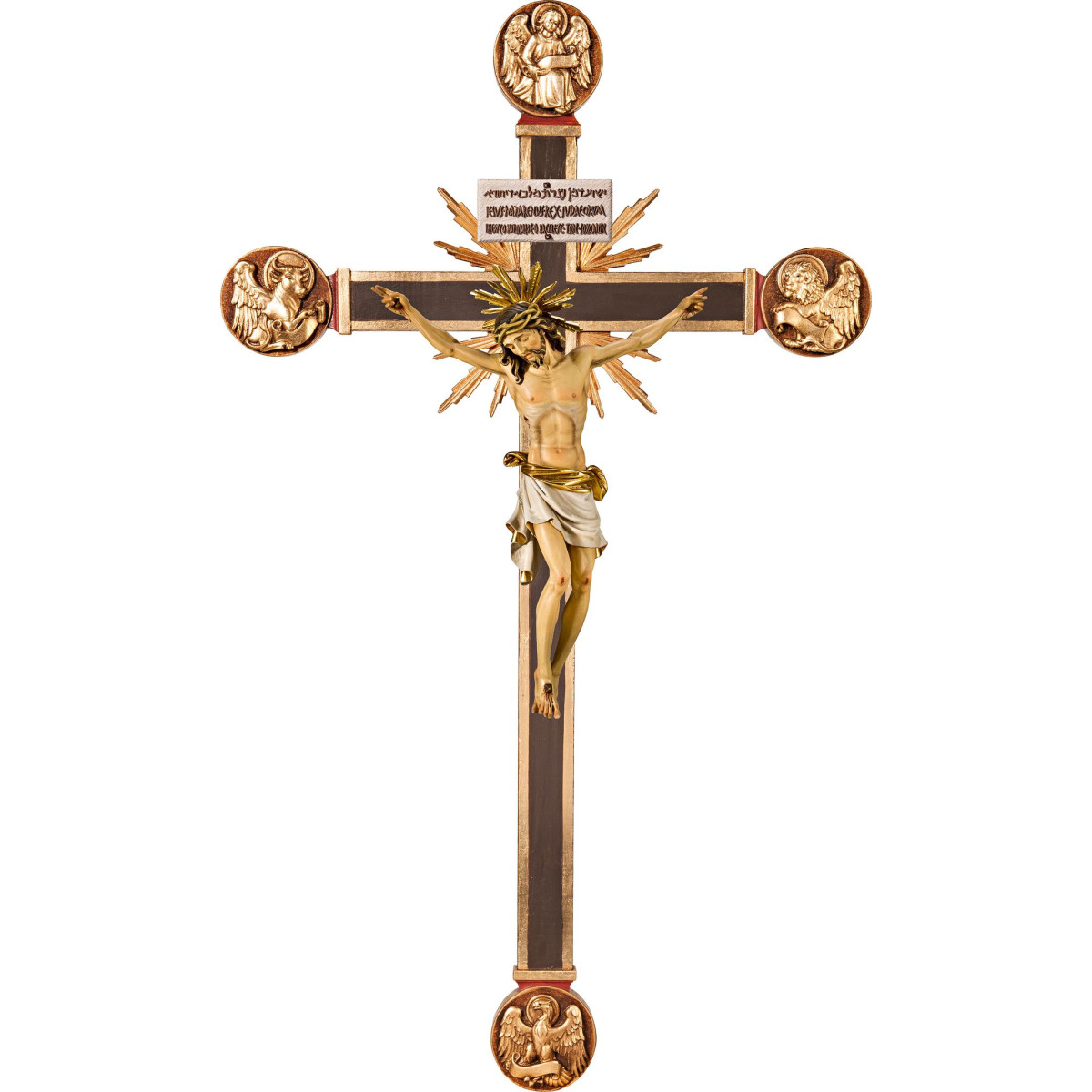 Corpus Pisa on cross with Evangelists and rays with Titulus Crucis in hebrew - latin - greek