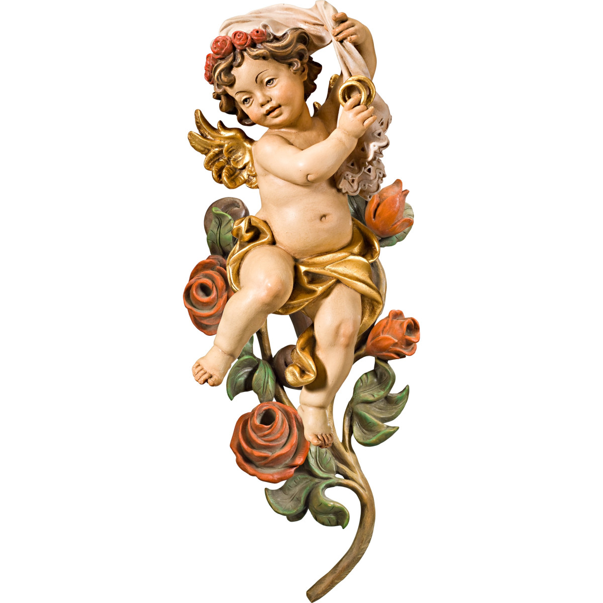 Anjo Bergland com alianças de casamento com rosas