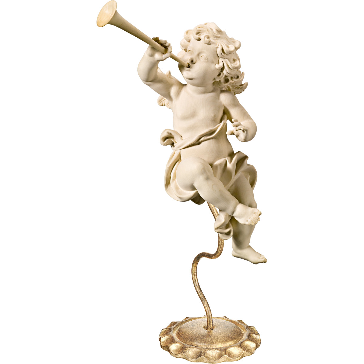 Ángel Bergland con trompeta en pedestal