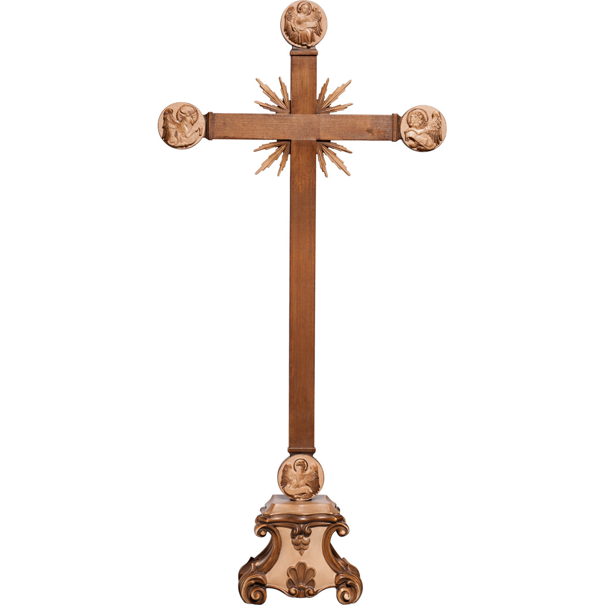 Cross with Evangelists and rays on pedestal