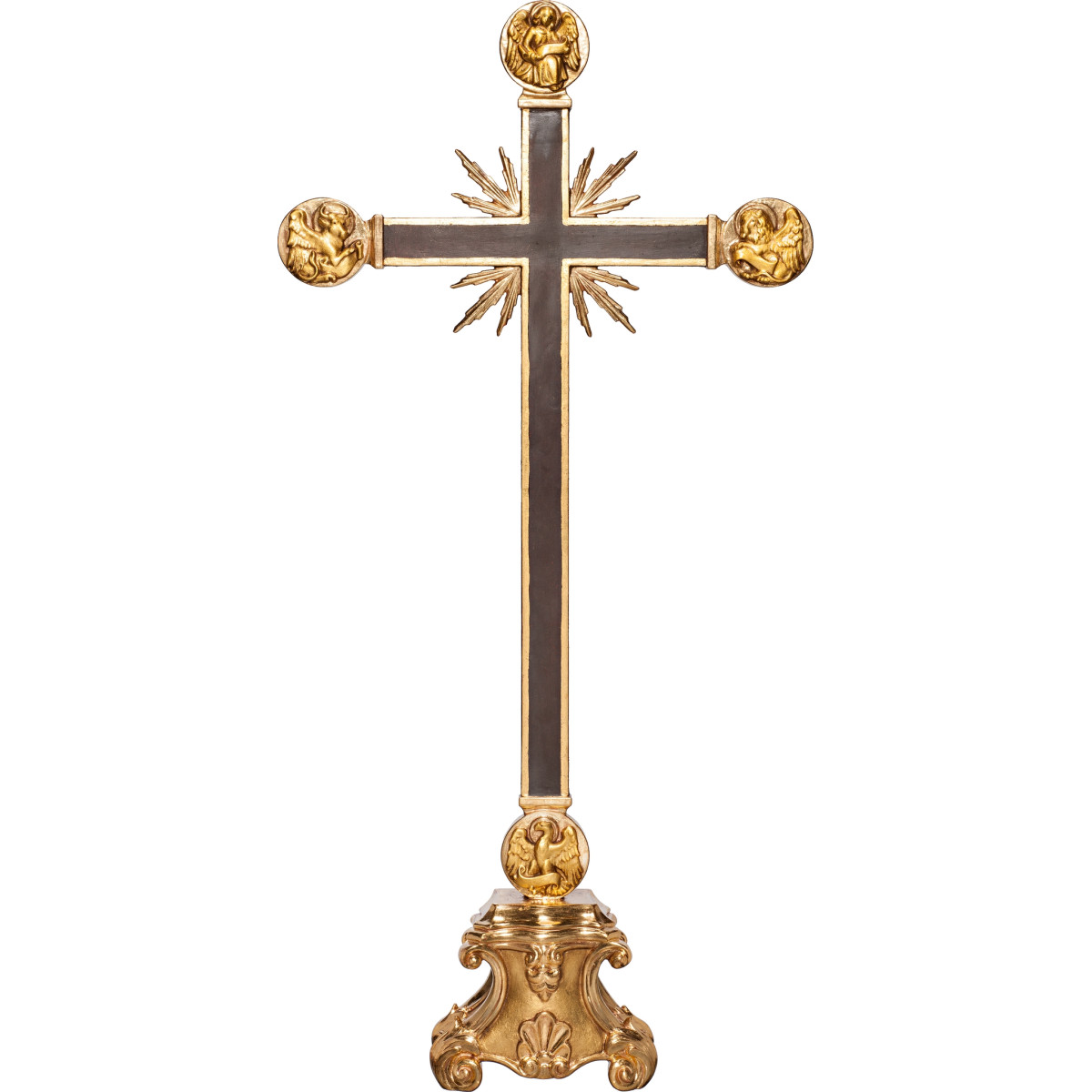 Cross with Evangelists and rays on pedestal