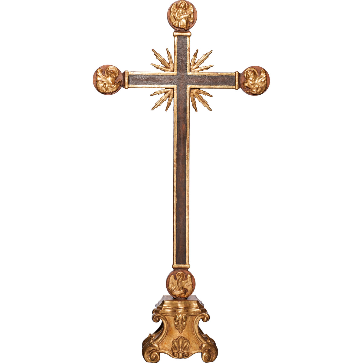 Cross with Evangelists and rays on pedestal