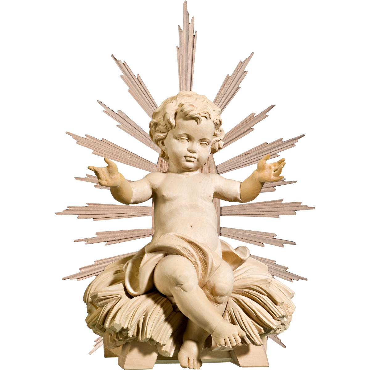 Niño Jesús sentado en cuna con aureola