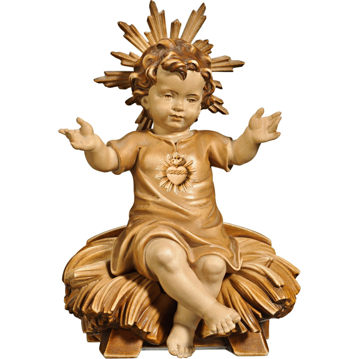 Gesù Bambino vestito con Cuore seduto su culla