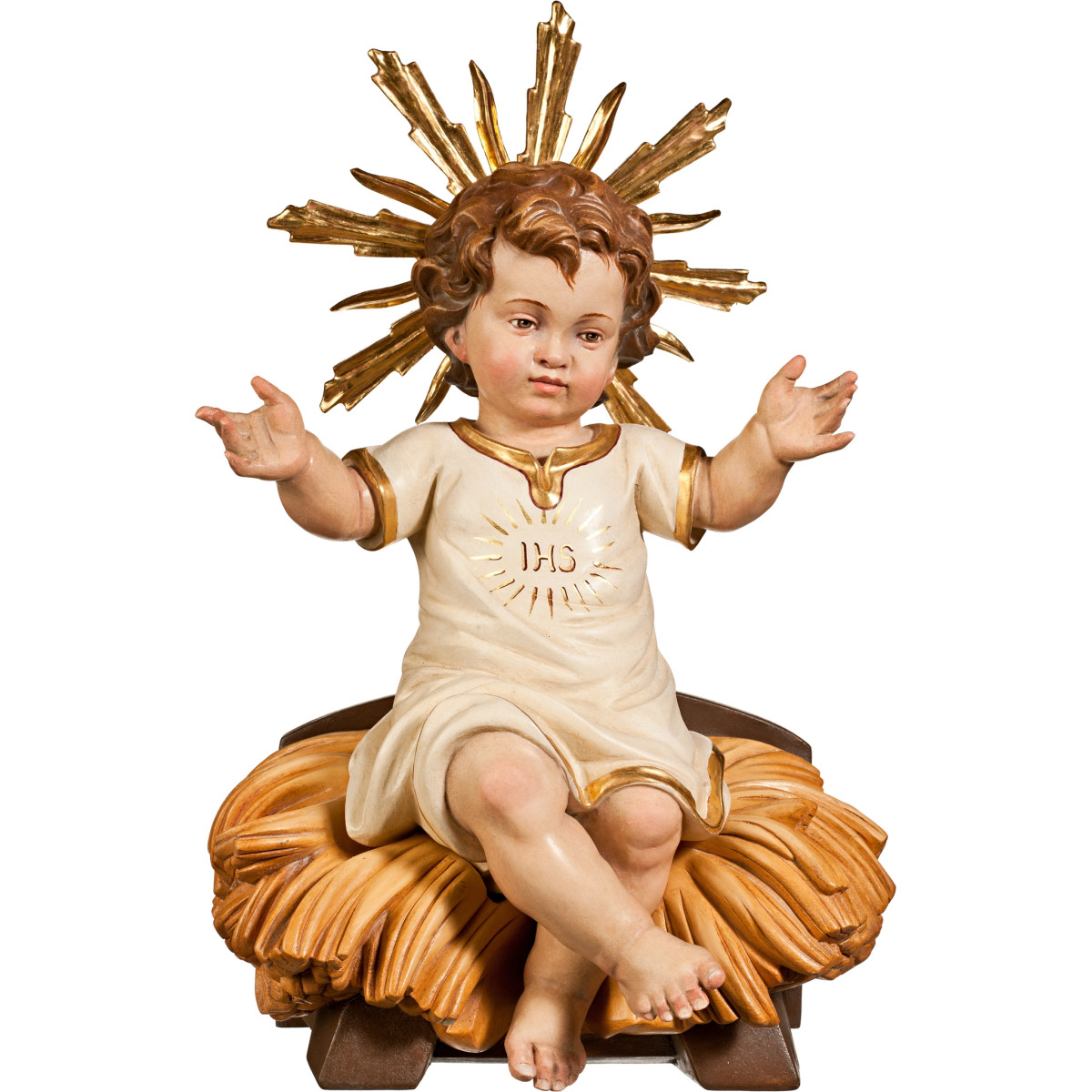Jesus Child clothed IHS sitting with cradle