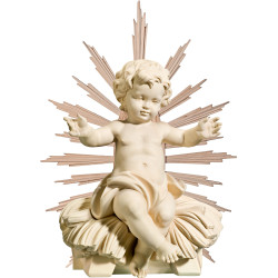 Niño Jesús sentado en cuna con aureola