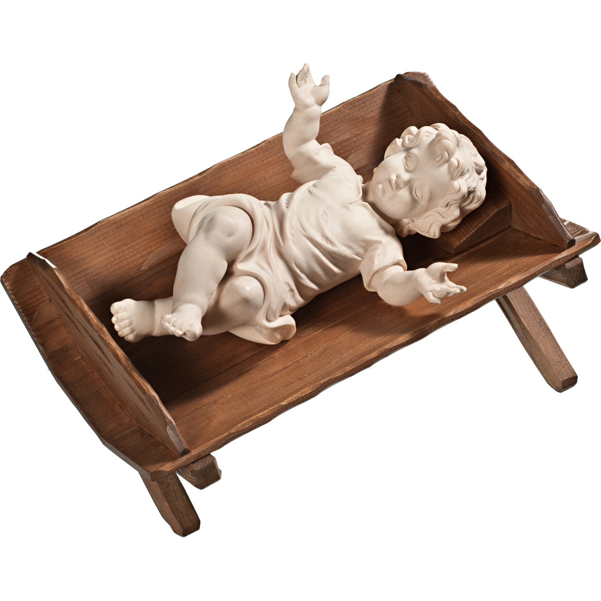 Menino Jesus vestido em cama simples