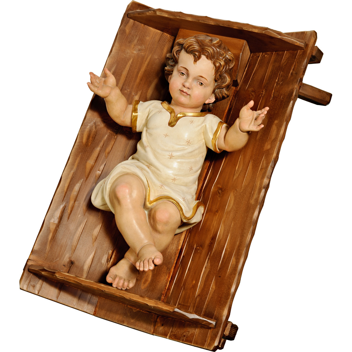 Menino Jesus vestido em cama simples