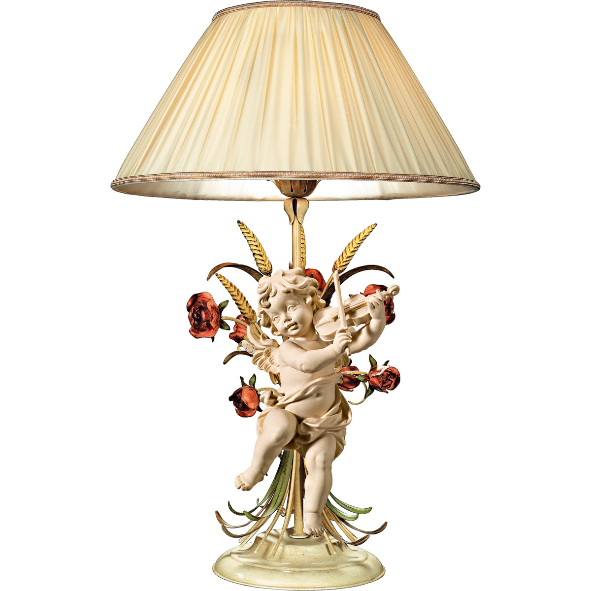 Tischlampe mit Rosen und Berglandputte mit Geige