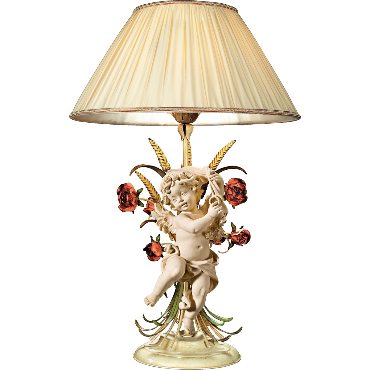 Candeeiro com rosas e Anjo Bergland com alianças de casamento