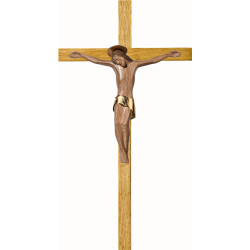 Christ modern ROMA with aureole on oak cross