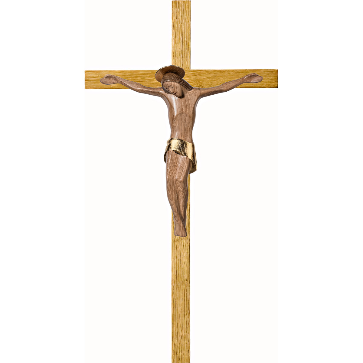 Christ modern ROMA with aureole on oak cross