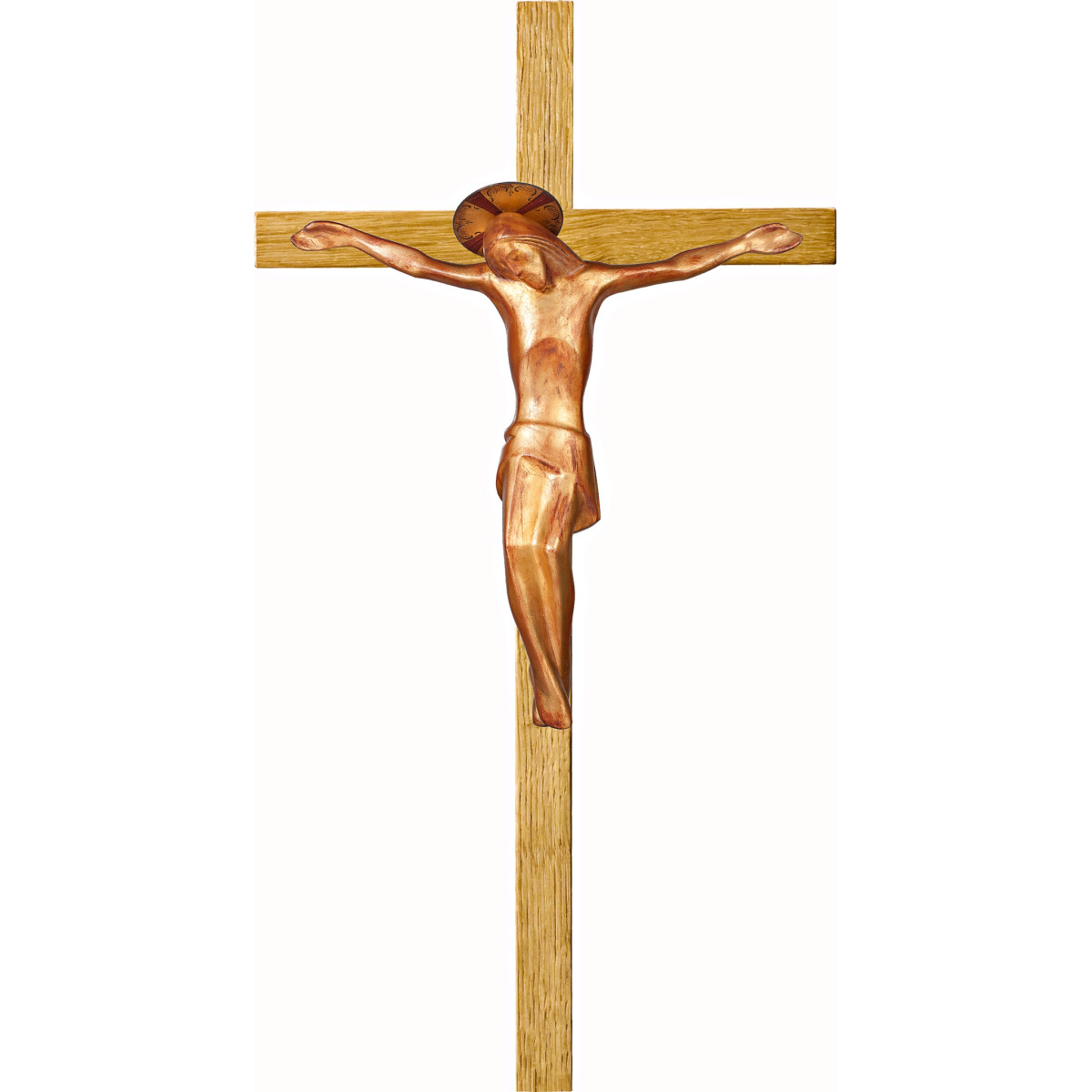 Christ modern ROMA with aureole on oak cross