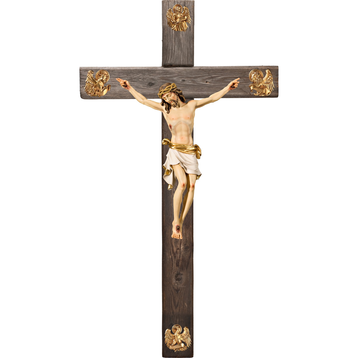 Corpus Pisa on cross Old wood with Evangelists