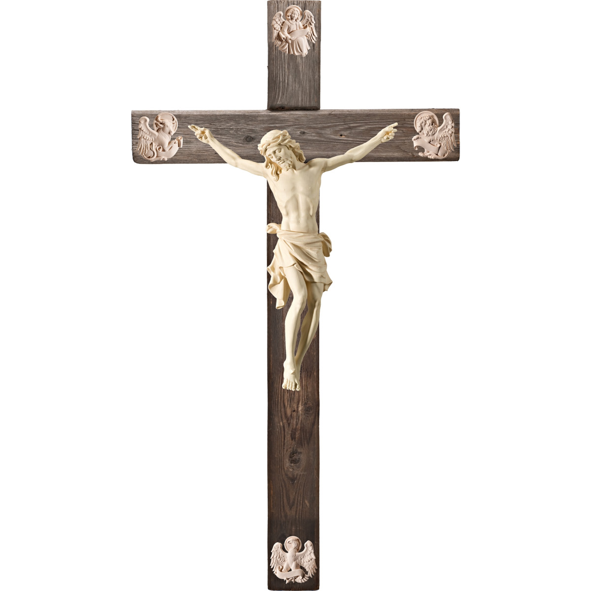 Corpus Pisa on cross Old wood with Evangelists
