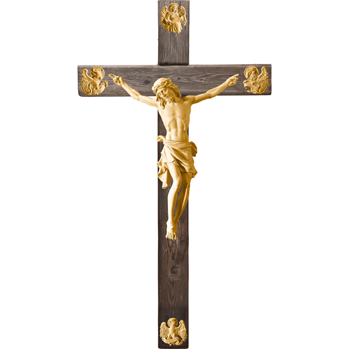 Corpus Pisa on cross Old wood with Evangelists