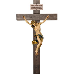 Corpus Barock auf Balken Altes Holz mit Titulus Crucis in hebräisch - latein - griechisch