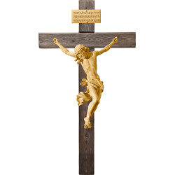 Corpus Barock auf Balken Altes Holz mit Titulus Crucis in hebräisch - latein - griechisch