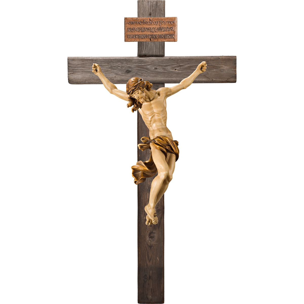 Cristo Barroco em cruz Madeira velha com Titulus Crucis em hebraico - latino - grego