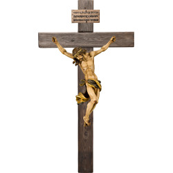 Corpus Barock auf Balken Altes Holz mit Titulus Crucis in hebräisch - latein - griechisch