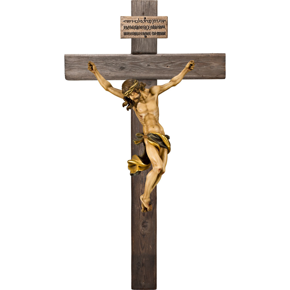 Corpus Barock auf Balken Altes Holz mit Titulus Crucis in hebräisch - latein - griechisch