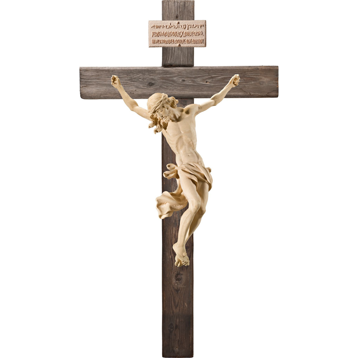 Cristo Barocco su croce Legno vecchio con Titulus Crucis in ebraico - latino - greco