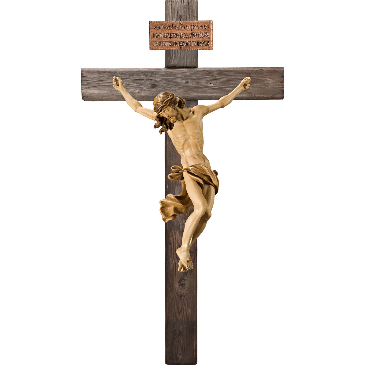 Corpus Baroque on cross Old wood with Titulus Crucis in hebrew - latin - greek
