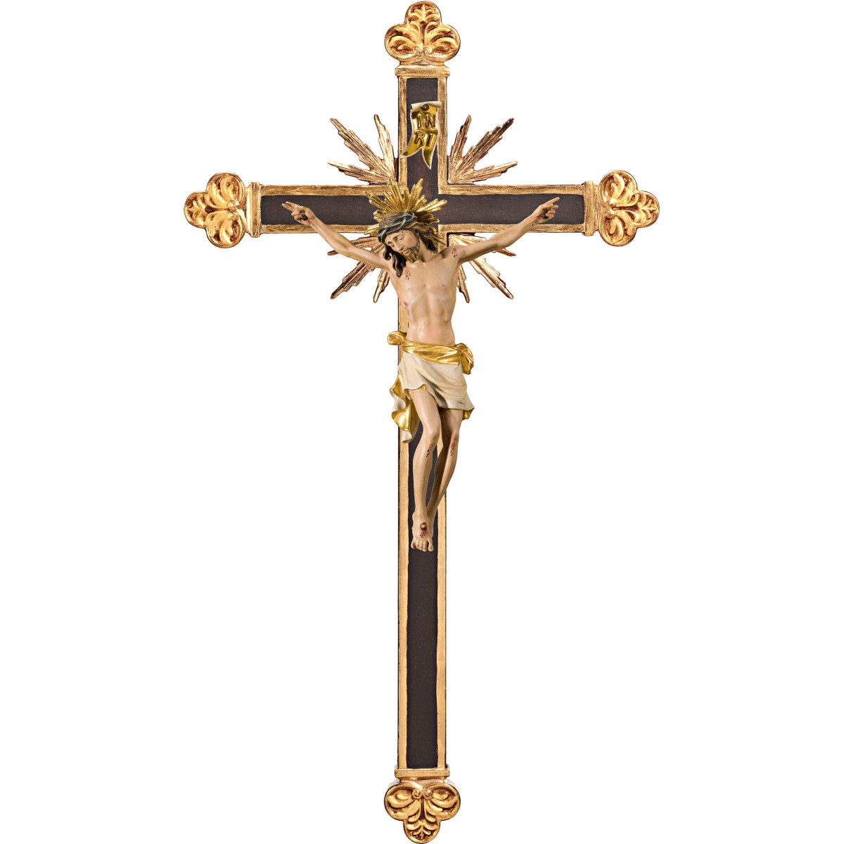 Cristo Pisa em cruz barroca com raios