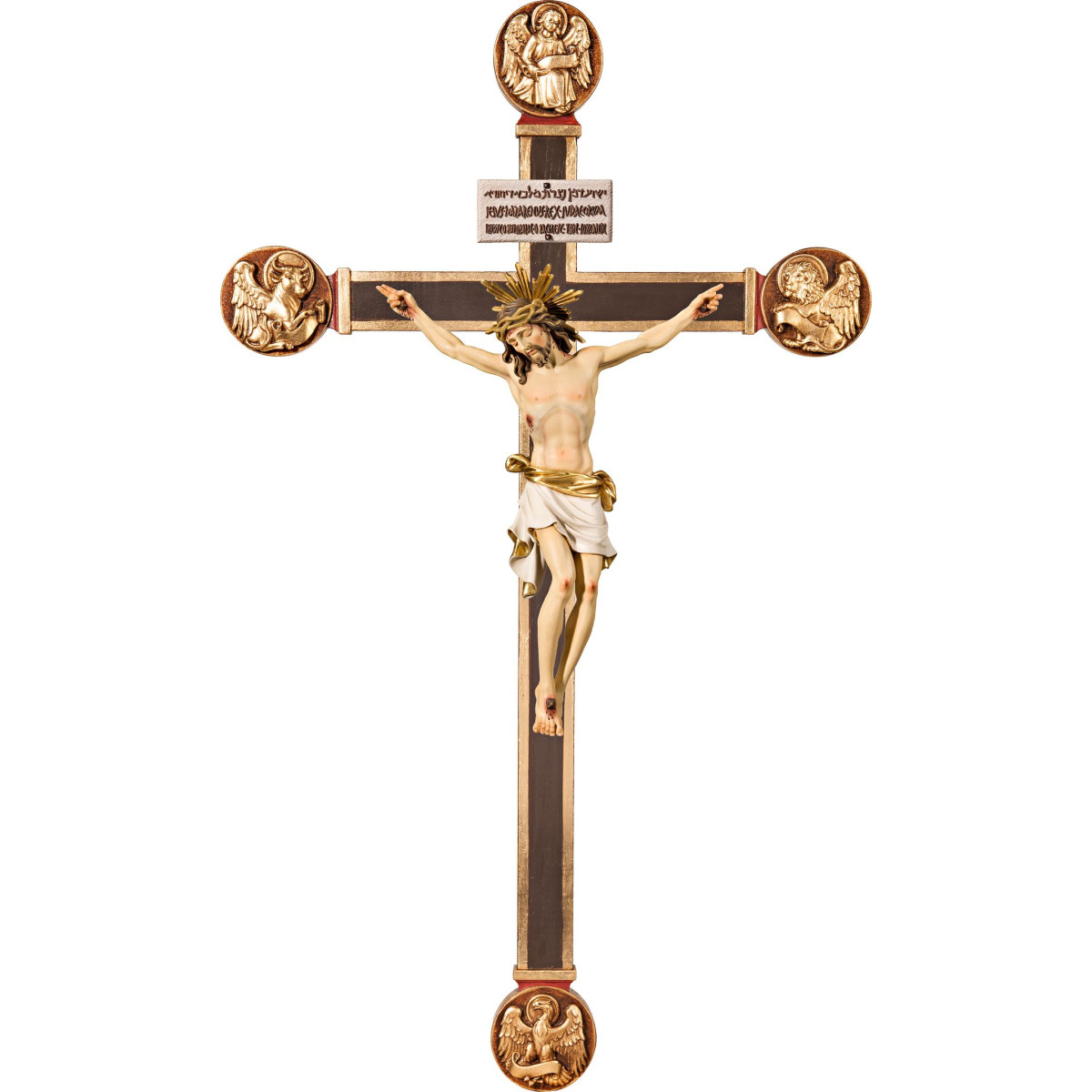 Cristo Pisa em cruz com Evangelistas com Titulus Crucis em hebraico - latino - grego