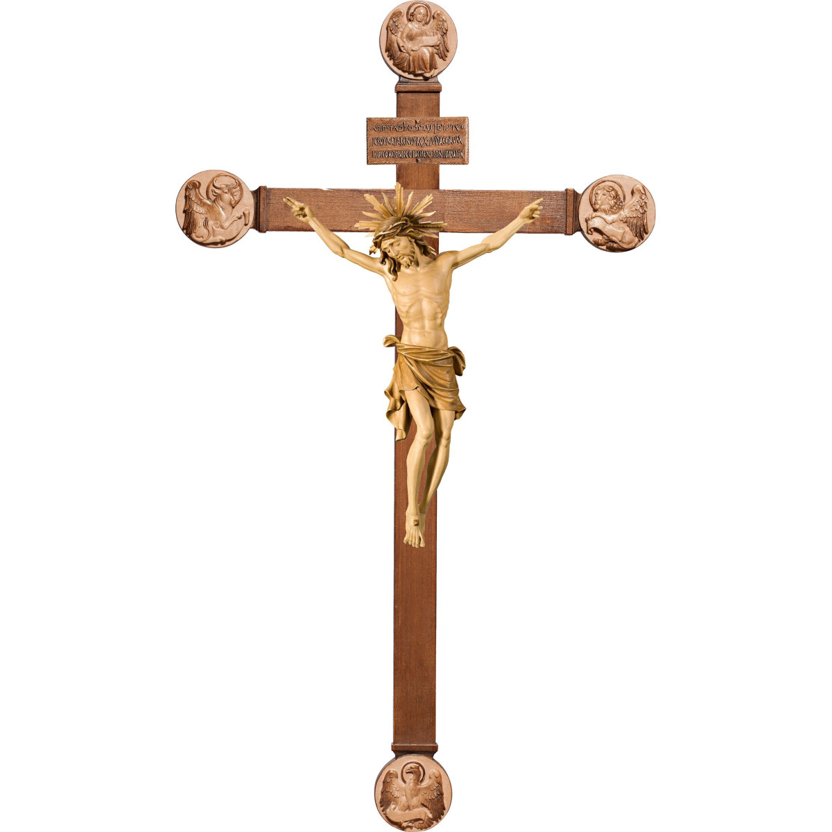 Corpus Pisa on cross with Evangelists with Titulus Crucis in hebrew - latin - greek