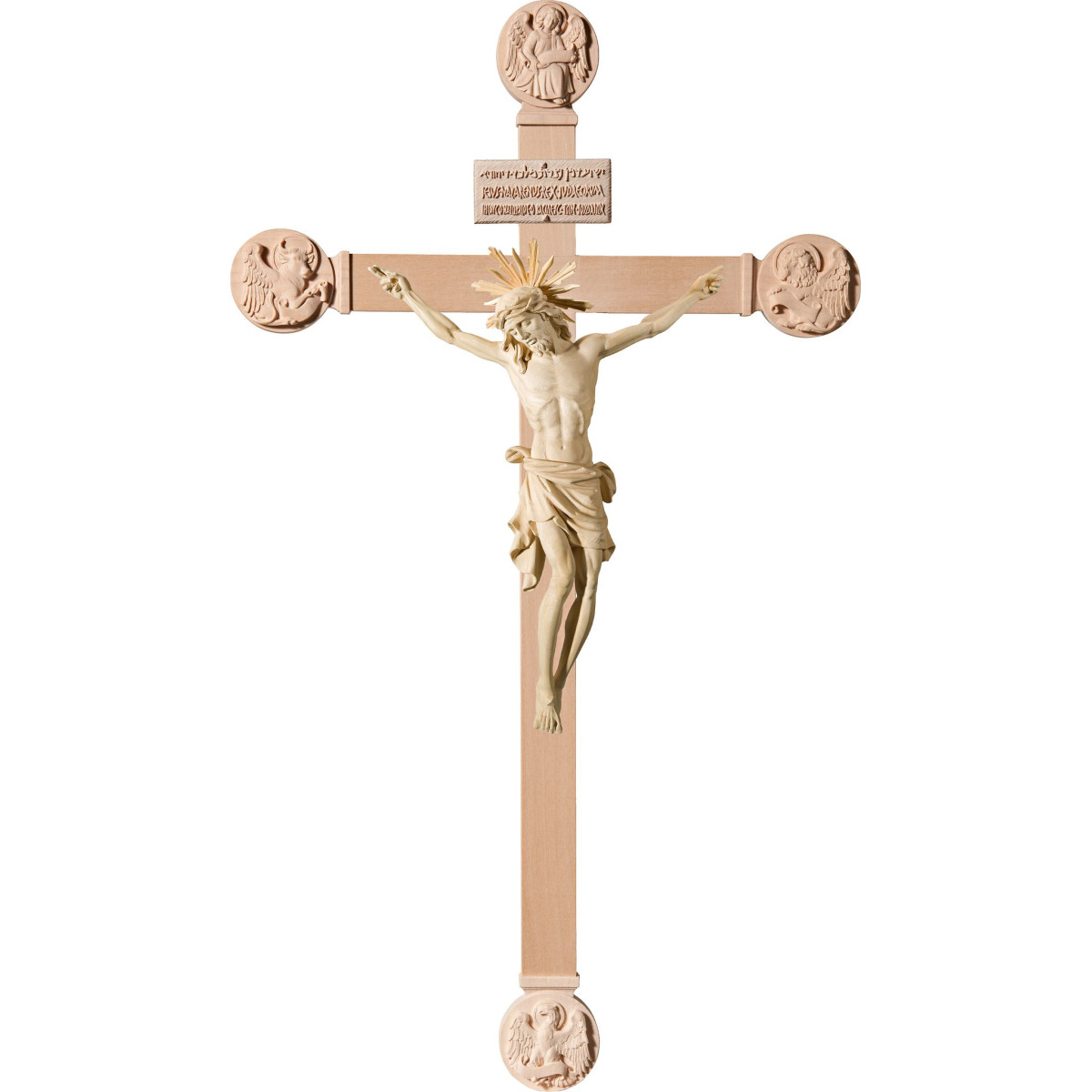 Corpus Pisa on cross with Evangelists with Titulus Crucis in hebrew - latin - greek