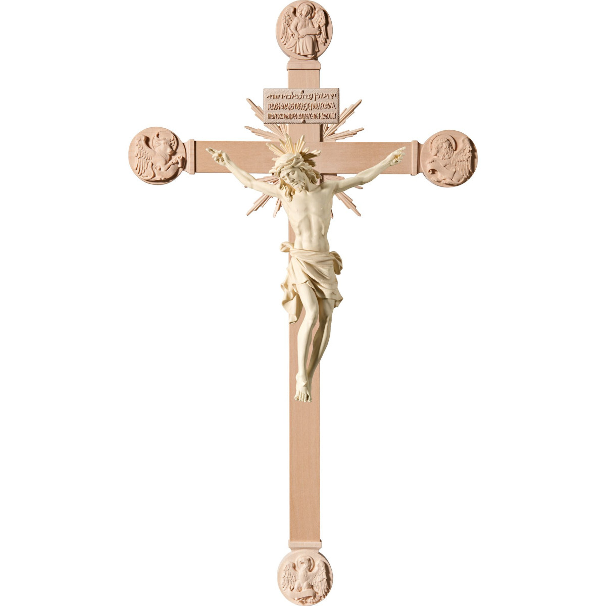 Cristo Pisa em cruz com Evangelistas e rayos com Titulus Crucis em hebraico - latino - grego