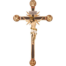 Cristo Pisa em cruz com Evangelistas e rayos com Titulus Crucis em hebraico - latino - grego