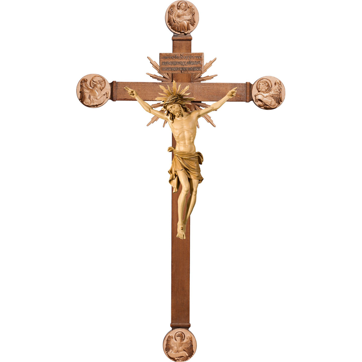 Corpus Pisa on cross with Evangelists and rays with Titulus Crucis in hebrew - latin - greek