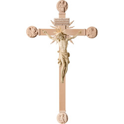 Corpus Pisa on cross with Evangelists and rays with Titulus Crucis in hebrew - latin - greek