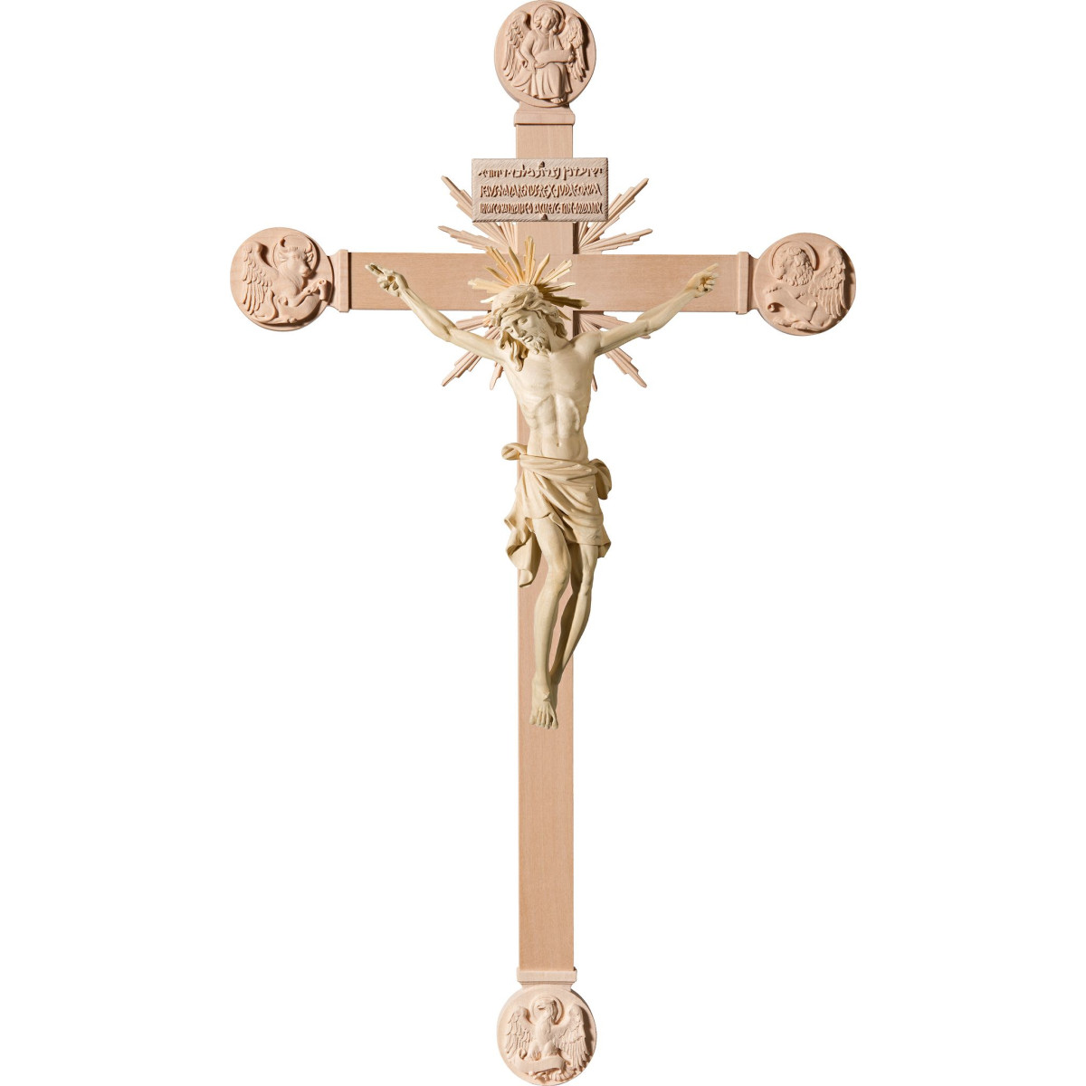 Corpus Pisa on cross with Evangelists and rays with Titulus Crucis in hebrew - latin - greek