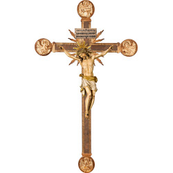 Corpus Pisa on cross with Evangelists and rays with Titulus Crucis in hebrew - latin - greek