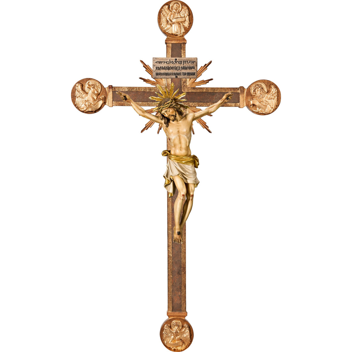 Corpus Pisa on cross with Evangelists and rays with Titulus Crucis in hebrew - latin - greek