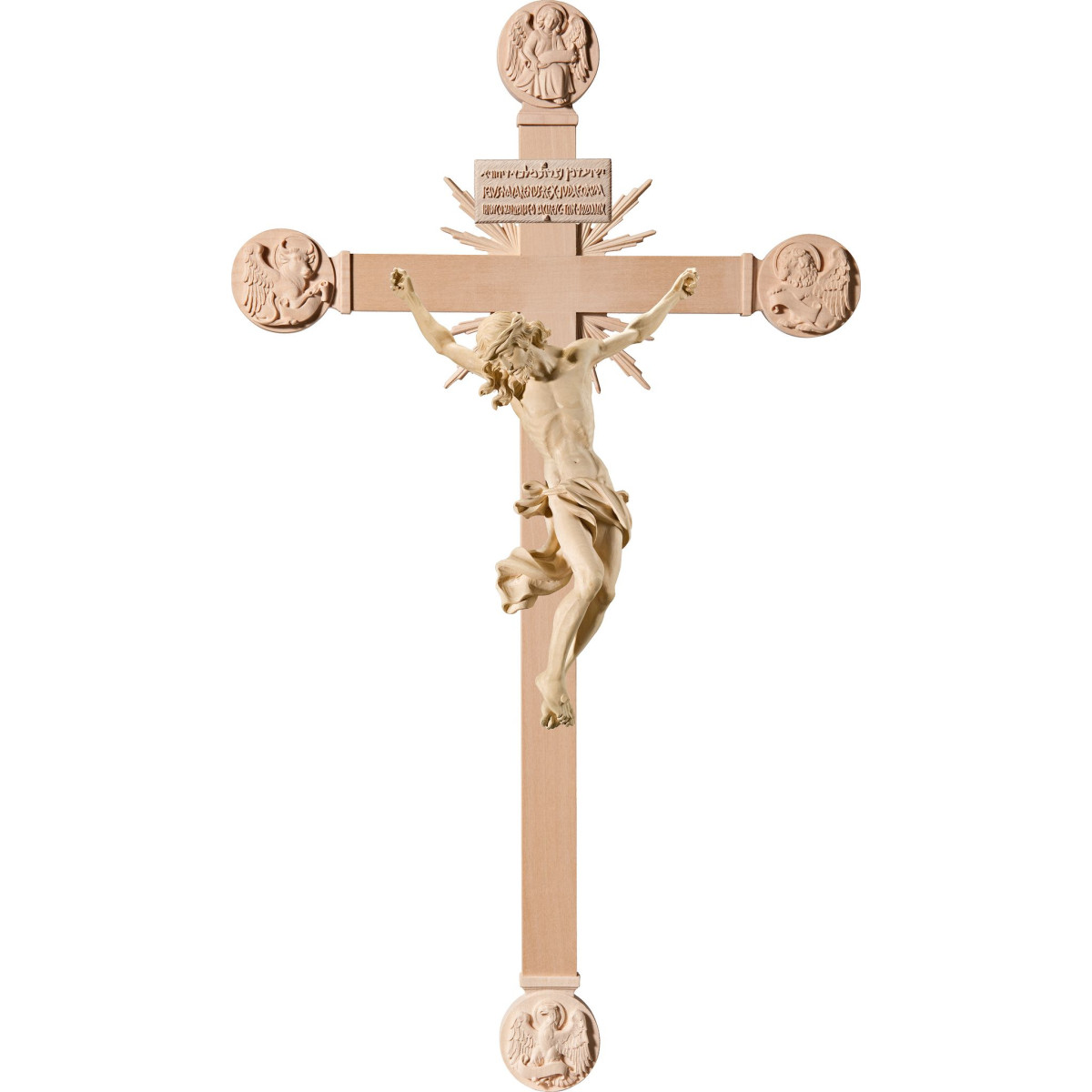 Corpus Baroque on cross with Evangelists and rays with Titulus Crucis in hebrew - latin - greek