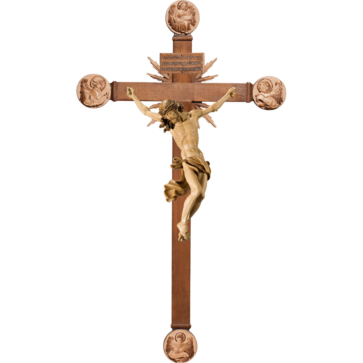 Cristo Barroco em cruz com Evangelistas e rayos com Titulus Crucis em hebraico - latino - grego